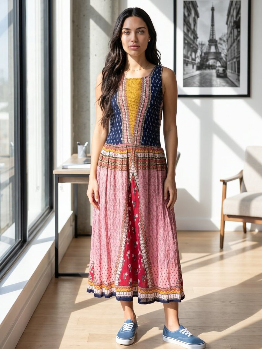 Patrons of Peace Patchwork Smocked Maxi Dress Pink Multi Size M NWT